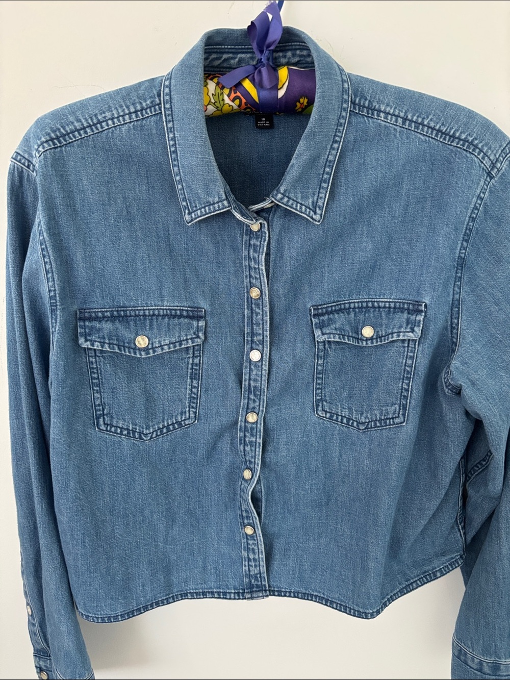 JCrew cropped denim cowboy shirt, medium wash, cotton, snaps, pockets, size 10